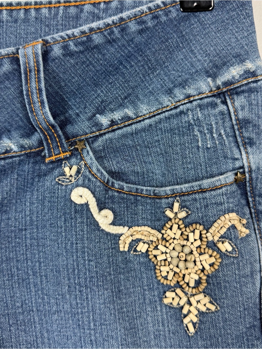 Vintage Y2K Decoded Blue Denim Flare Jeans Beaded Low Rise Boho Festival 9/10 - Picture 8 of 10
